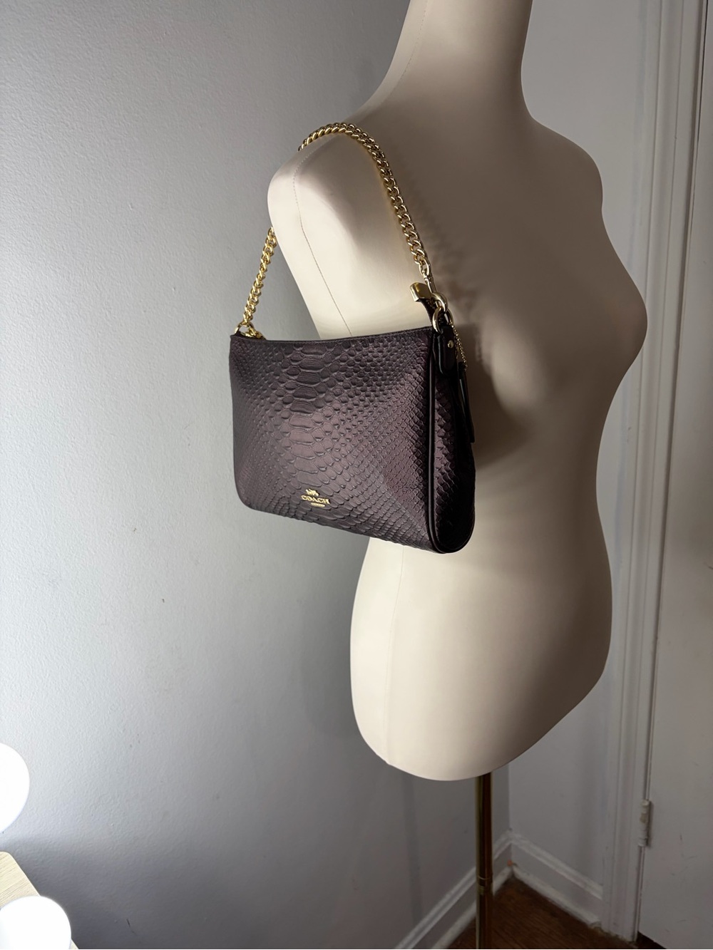 Coach Carrie Oxblood Snake-Embossed Shoulder Bag with Gold Chain